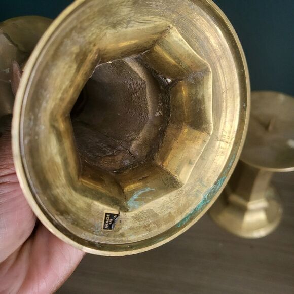 Set of 2 Vintage Brass Spiked Pillar Candle Holders 6 x 4 - Picture 3 of 9